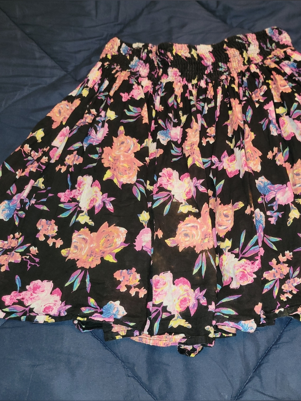 Black Floral Mini Skirt with Pink and Yellow Blooms Elastic Waist